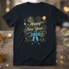 Happy New Year 2026 text with fireworks, balloons, and champagne glasses on a black t-shirt