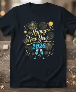 Happy New Year 2026 text with fireworks, balloons, and champagne glasses on a black t-shirt