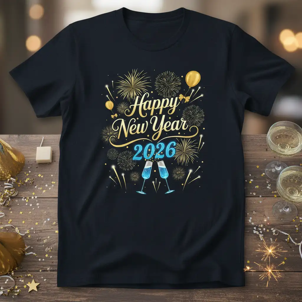 Happy New Year 2026 text with fireworks, balloons, and champagne glasses graphic on a dark t-shirt