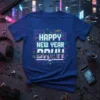 Happy New Year Bruh text design on a blue t-shirt with digital circuit patterns and neon accents