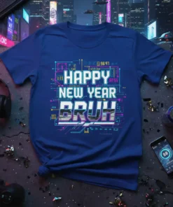 Happy New Year Bruh text design on a blue t-shirt with digital circuit patterns and neon accents