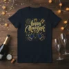 Happy New Year text design with champagne bottles, gifts, and fireworks on a navy t-shirt