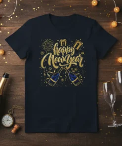 Happy New Year text design with champagne bottles, gifts, and fireworks on a navy t-shirt