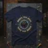 Navy blue t-shirt with "happy new year happy new year" text and a geometric disco ball graphic, gold accents, and