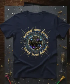 Navy blue t-shirt with "happy new year happy new year" text and a geometric disco ball graphic, gold accents, and