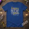 Happy New Year text design with glitter and geometric shapes on a blue t-shirt