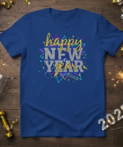 Happy New Year text design with glitter and geometric shapes on a blue t-shirt