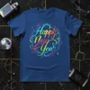 Happy New Year text design with colorful rainbow gradient and circuit board hexagonal border on a blue t-shirt