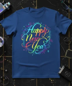 Happy New Year text design with colorful rainbow gradient and circuit board hexagonal border on a blue t-shirt