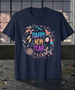 Happy New Year text with festive party graphics including balloons, champagne, and confetti on a navy t-shirt