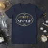 Happy New Year text in gold and silver art deco design on a navy t-shirt, perfect for festive celebrations
