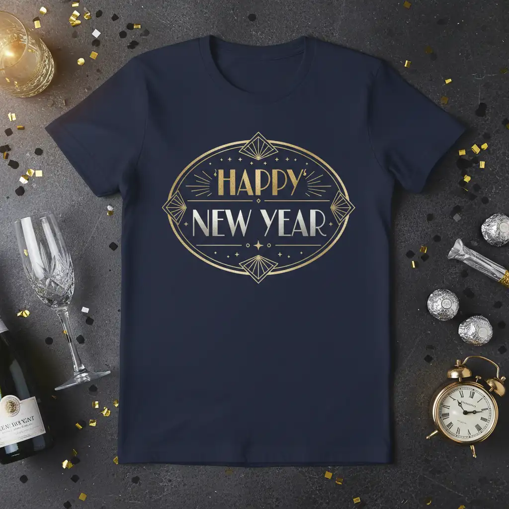 Happy New Year art deco design graphic on a dark navy blue t-shirt, ideal for holiday celebrations