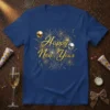 Happy New Year text with gold and silver fireworks and balloons on a navy blue t-shirt
