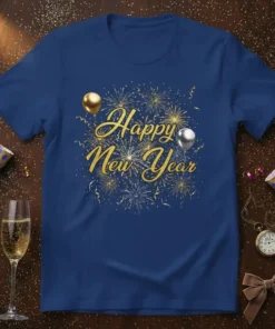 Happy New Year text with gold and silver fireworks and balloons on a navy blue t-shirt
