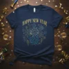 Happy New Year t-shirt with gold text and a colorful fireworks graphic design