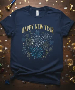 Happy New Year t-shirt with gold text and a colorful fireworks graphic design