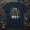 Happy New Year t-shirt design with three gnomes, champagne bottles, balloons, and fireworks graphic