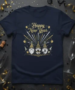 Happy New Year t-shirt design with three gnomes, champagne bottles, balloons, and fireworks graphic