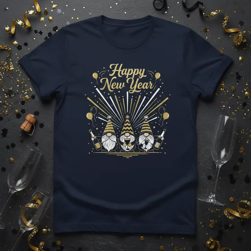 Happy New Year text with festive gnomes and fireworks graphic on a t-shirt