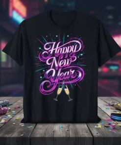 Happy New Year text with champagne glasses and fireworks graphic on a black t-shirt