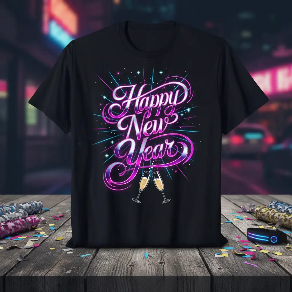 Happy New Year quote in vibrant neon colors with fireworks and champagne glasses on a black t-shirt