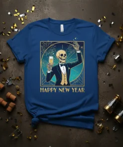 Happy New Year text on a blue t-shirt with a skeleton wearing a tuxedo holding champagne