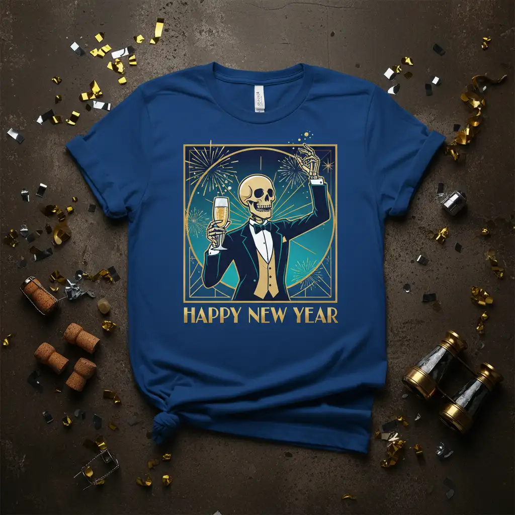 Happy New Year text and skeleton graphic in tuxedo holding champagne, festive design