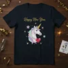 Happy New Year text above a geometric unicorn with a red heart and colorful stars, on a navy t-shirt