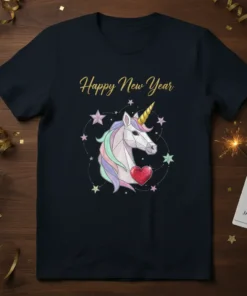 Happy New Year text above a geometric unicorn with a red heart and colorful stars, on a navy t-shirt