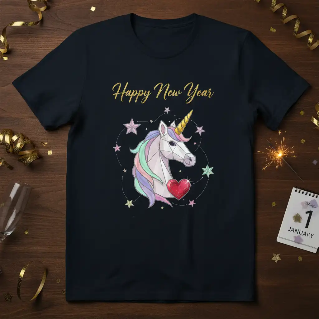 Happy New Year text with a geometric unicorn and stars, festive holiday graphic for celebration