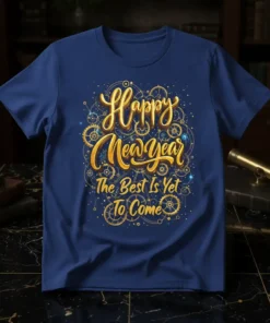Happy New Year The Best Is Yet To Come quote on a navy t-shirt with gold steampunk gears and stars