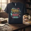 T-shirt design with text "I'm a Nurse and this is my week Happy Nurse Week" and medical graphics like stethoscope
