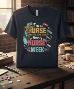 T-shirt design with text "I'm a Nurse and this is my week Happy Nurse Week" and medical graphics like stethoscope