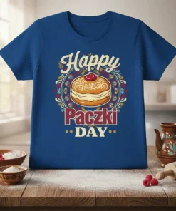 Happy Paczki DAY t-shirt design featuring a decorated pączki and festive border, perfect for Polish donut lovers