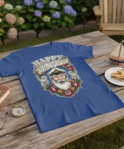Happy Pappy text with a smiling sailor graphic on a blue t-shirt, featuring roses and a nautical theme