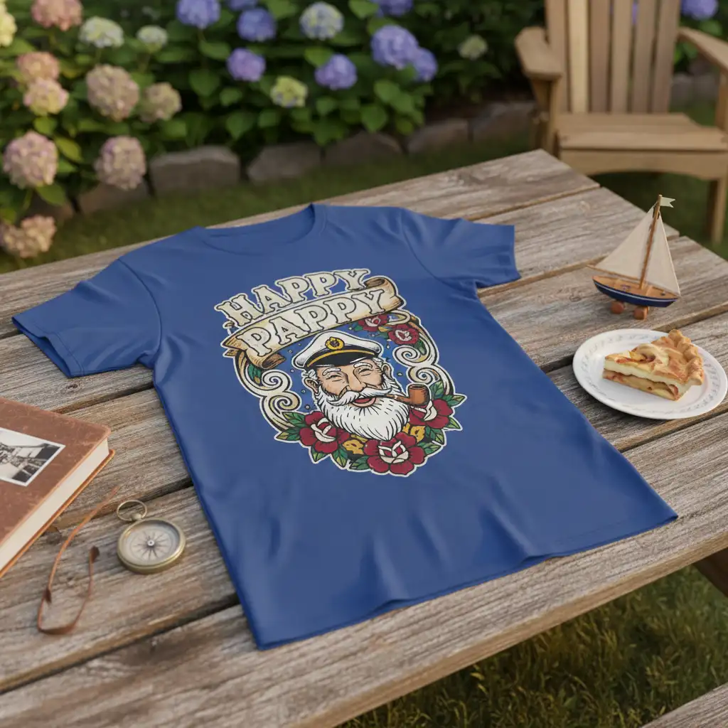 Happy Pappy text in a banner above a smiling sailor graphic with pipe and roses on a blue t-shirt