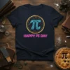Happy Pi Day T-Shirt featuring a neon blue Pi symbol inside a gold circle and pink text that says Happy