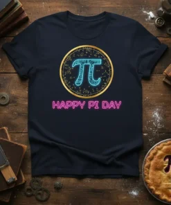 Happy Pi Day T-Shirt featuring a neon blue Pi symbol inside a gold circle and pink text that says Happy