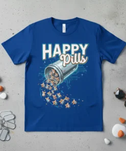 Happy Pills Corgi T-Shirt design showing a pill bottle overflowing with cute corgis, with circuit board patterns