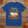 Happy PUGSGIVING t-shirt design with three pugs, pumpkins, and fall leaves in autumnal colors