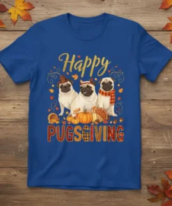 Happy PUGSGIVING t-shirt design with three pugs, pumpkins, and fall leaves in autumnal colors
