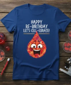 Happy Re-Birthday Let's Cell-Ebrate! funny science pun t-shirt design with a cartoon blood cell graphic