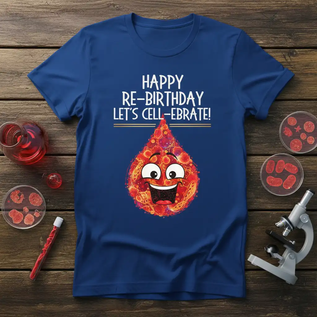 Happy Re-Birthday Let's Cell-Ebrate! science pun with a joyful cartoon cell illustration on a blue tee