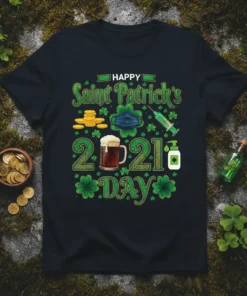 Happy Saint Patrick's 2021 Day t-shirt design with shamrocks, beer, mask, and syringe graphics