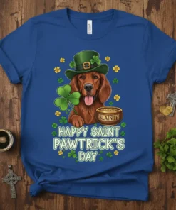 Happy Saint Pawtrick's Day t-shirt with an Irish Setter wearing a leprechaun hat holding a shamrock