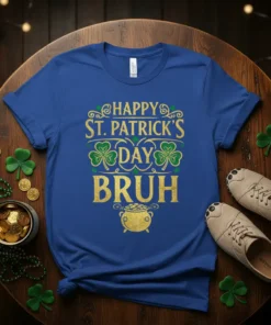 Happy St. Patrick's Day Bruh text with shamrocks and pot of gold graphic on a blue t-shirt