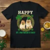 Happy St. Patrick's Day Pomeranian T-Shirt with two dogs wearing festive hats and bows, surrounded by shamrocks and Celtic knot