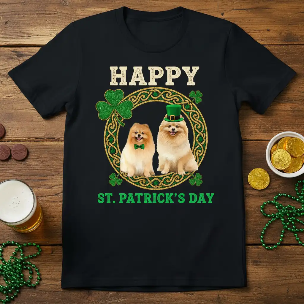 Happy St. Patrick's Day Pomeranian T-Shirt design featuring two fluffy dogs in festive St. Paddy's attire