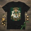 Happy St. Paw-Trick's Day t-shirt design featuring a group of dogs in St. Patrick's Day hats and bandanas with a