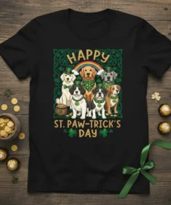 Happy St. Paw-Trick's Day t-shirt design featuring a group of dogs in St. Patrick's Day hats and bandanas with a